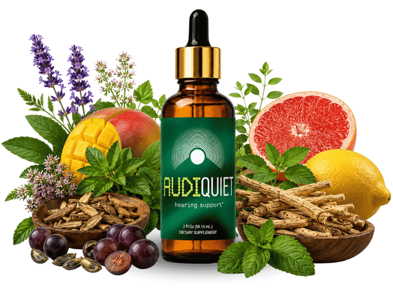 AudiQuiet hearing support bottle with natural herbal ingredients