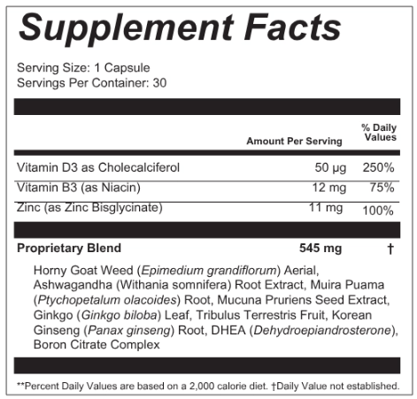 Erexafil supplement facts label showing vitamins, minerals and botanical ingredients
