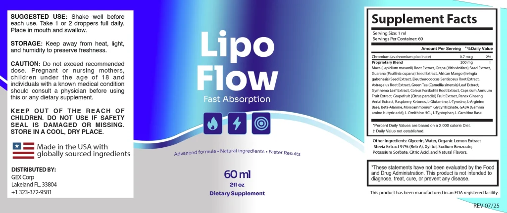 LipoFlow Supplement Facts label listing all ingredients